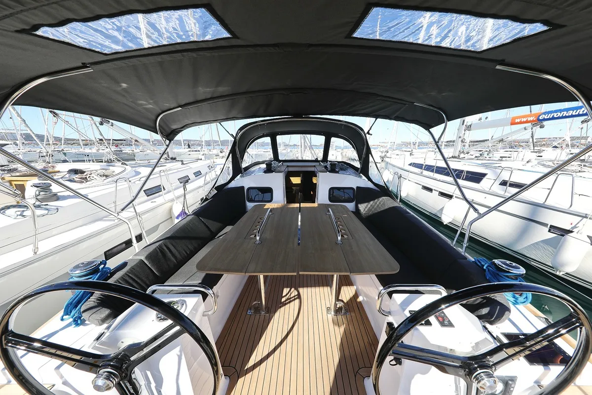 Cockpit of Moon Pearl, a Elan Impression 45.1 sailboat at Biograd na Moru, Croatia