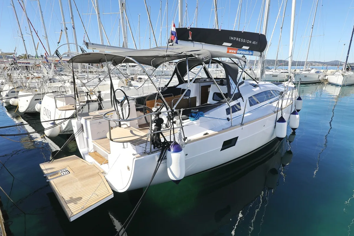 Exterior view of Moon Pearl, a Elan Impression 45.1 sailboat at Biograd na Moru, Croatia
