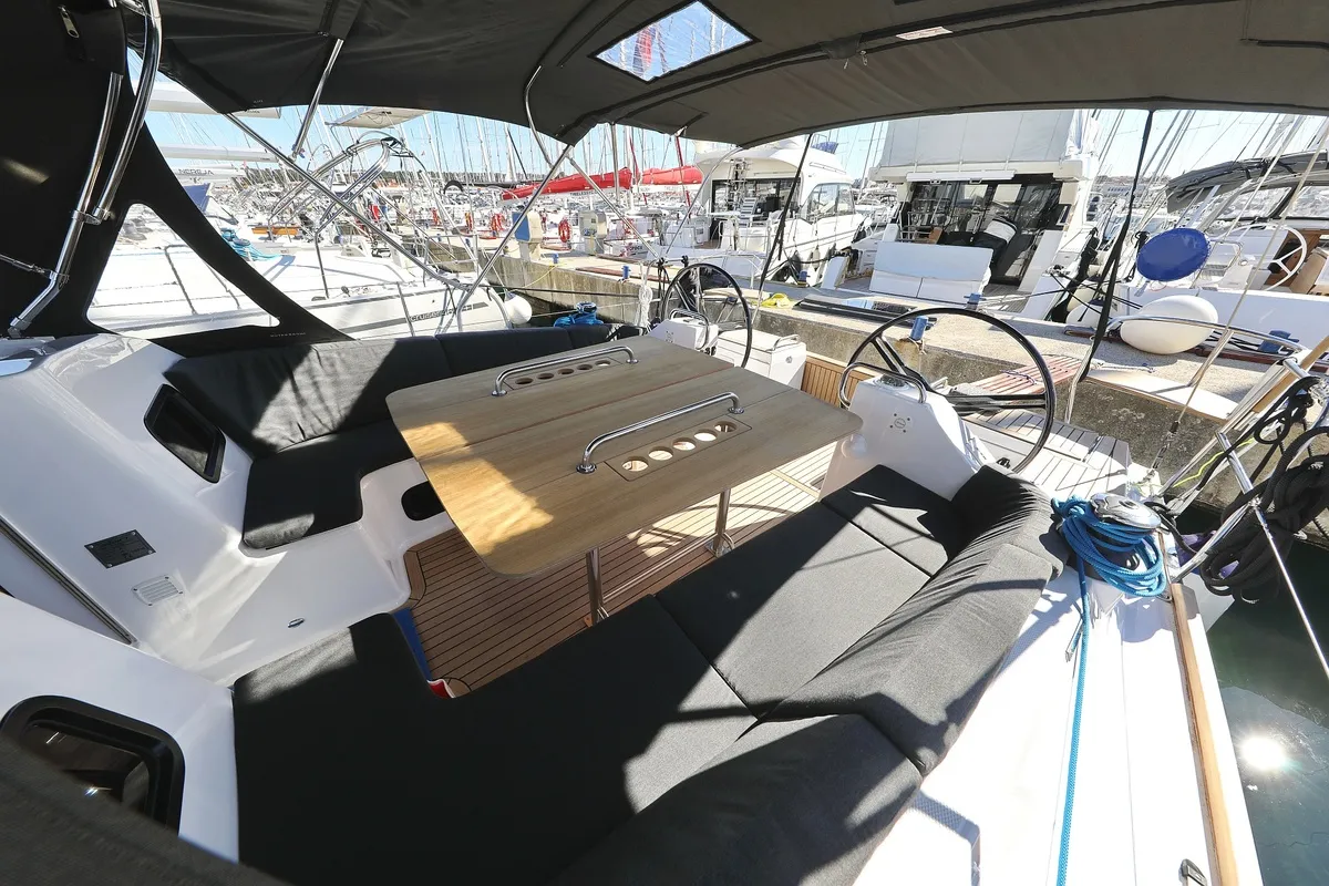 Cockpit of Moon Pearl, a Elan Impression 45.1 sailboat at Biograd na Moru, Croatia