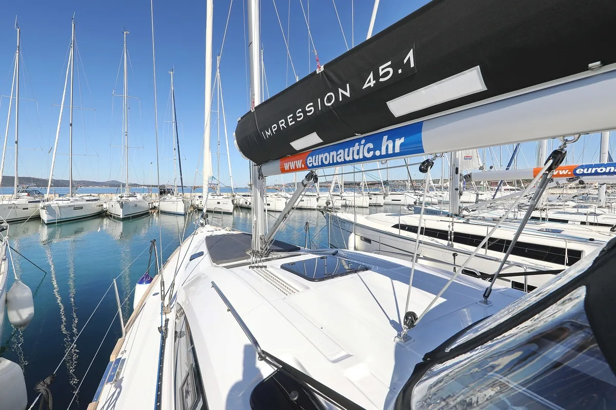 Deck of Moon Pearl, a Elan Impression 45.1 sailboat at Biograd na Moru, Croatia