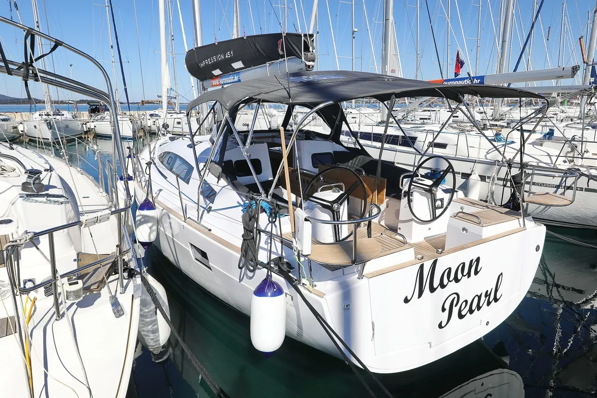 Exterior view of Moon Pearl, a Elan Impression 45.1 sailboat at Biograd na Moru, Croatia