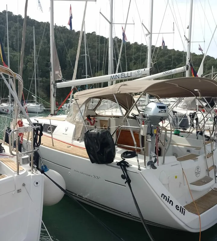 Exterior view of min elli, a Jeanneau Sun Odyssey 33i sailboat at Skradin, Croatia