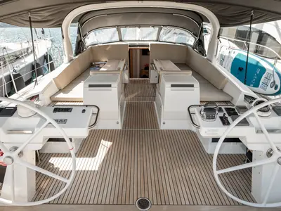 Cockpit of Enija, a Jeanneau 64 sailboat at Šibenik, Croatia
