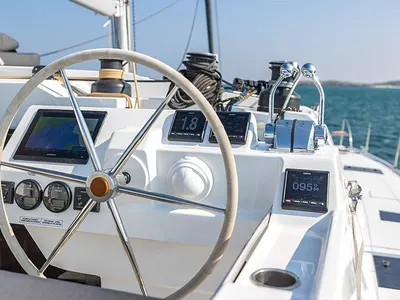 Cockpit of Lune Rae, a Fountaine Pajot Aura 51 catamaran at Road Town, British Virgin Islands