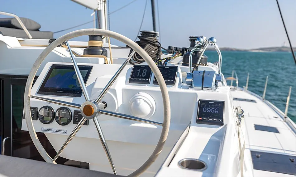 Cockpit of Lune Rae, a Fountaine Pajot Aura 51 catamaran at Road Town, British Virgin Islands