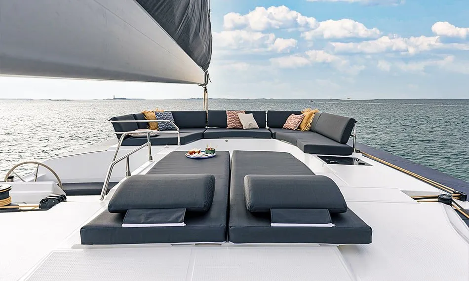 Deck of Lune Rae, a Fountaine Pajot Aura 51 catamaran at Road Town, British Virgin Islands