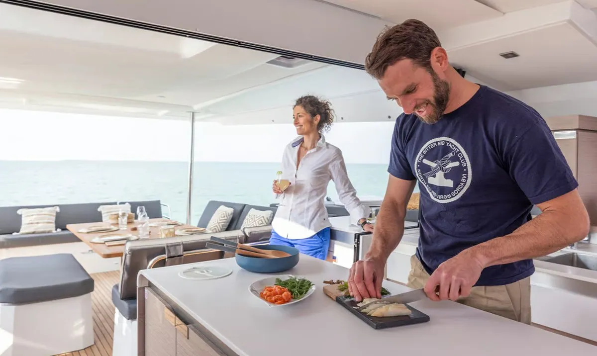 Galley of Lune Rae, a Fountaine Pajot Aura 51 catamaran at Road Town, British Virgin Islands