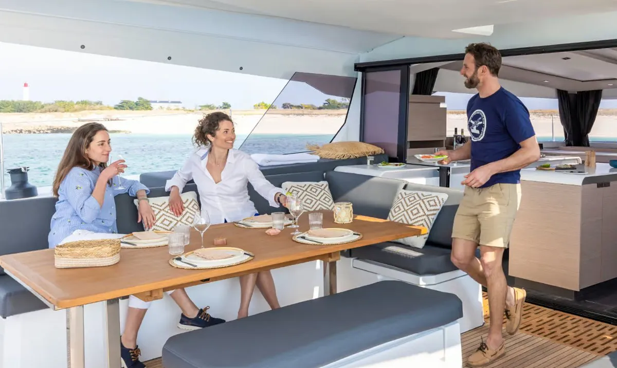 Deck of Lune Rae, a Fountaine Pajot Aura 51 catamaran at Road Town, British Virgin Islands