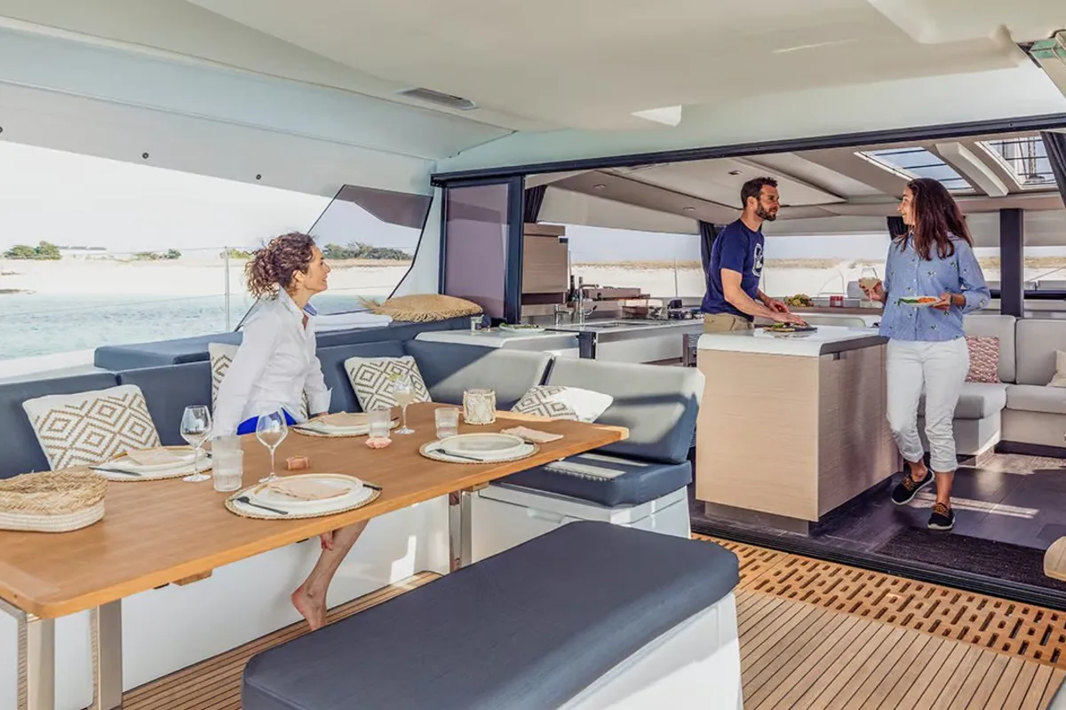 Deck of Lune Rae, a Fountaine Pajot Aura 51 catamaran at Road Town, British Virgin Islands