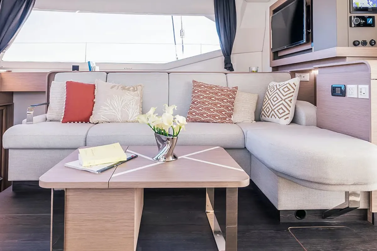Salon of Lune Rae, a Fountaine Pajot Aura 51 catamaran at Road Town, British Virgin Islands
