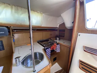 Galley of Elif, a Jeanneau Sun Odyssey 32i sailboat at Fethiye, Turkey