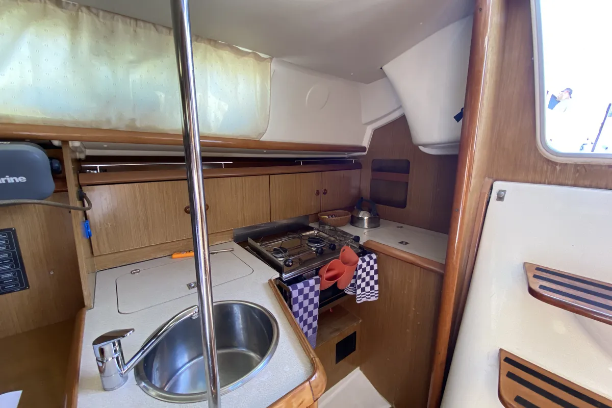Galley of Elif, a Jeanneau Sun Odyssey 32i sailboat at Fethiye, Turkey