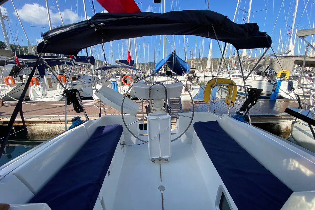 Cockpit of Elif, a Jeanneau Sun Odyssey 32i sailboat at Fethiye, Turkey