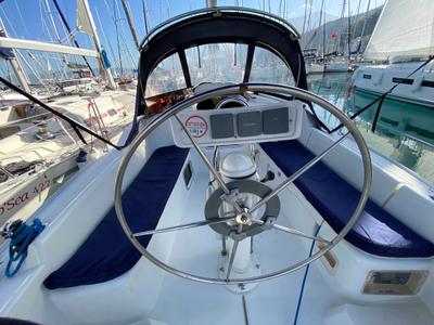 Cockpit of Elif, a Jeanneau Sun Odyssey 32i sailboat at Fethiye, Turkey