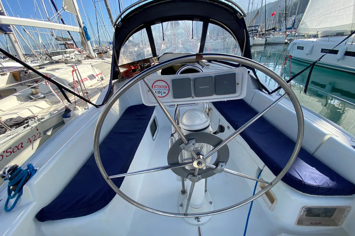 Cockpit of Elif, a Jeanneau Sun Odyssey 32i sailboat at Fethiye, Turkey
