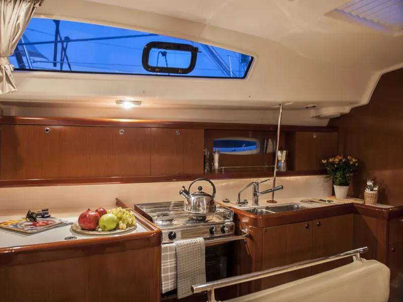 Galley of OASIS - | Bowthruster | Solar P , a Beneteau Oceanis 43 sailboat at Municipal Unit of Lefkada, Greece