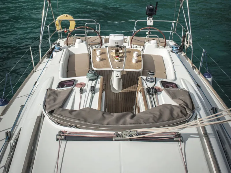 Cockpit of OASIS - | Bowthruster | Solar P , a Beneteau Oceanis 43 sailboat at Municipal Unit of Lefkada, Greece