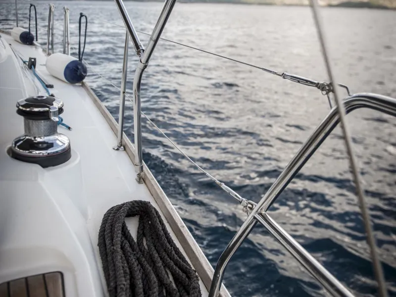 Deck of OASIS - | Bowthruster | Solar P , a Beneteau Oceanis 43 sailboat at Municipal Unit of Lefkada, Greece