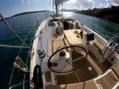 Deck of OASIS - | Bowthruster | Solar P , a Beneteau Oceanis 43 sailboat at Municipal Unit of Lefkada, Greece
