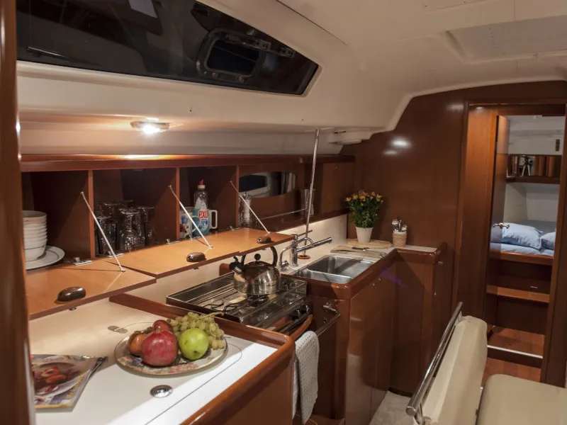 Galley of OASIS - | Bowthruster | Solar P , a Beneteau Oceanis 43 sailboat at Municipal Unit of Lefkada, Greece