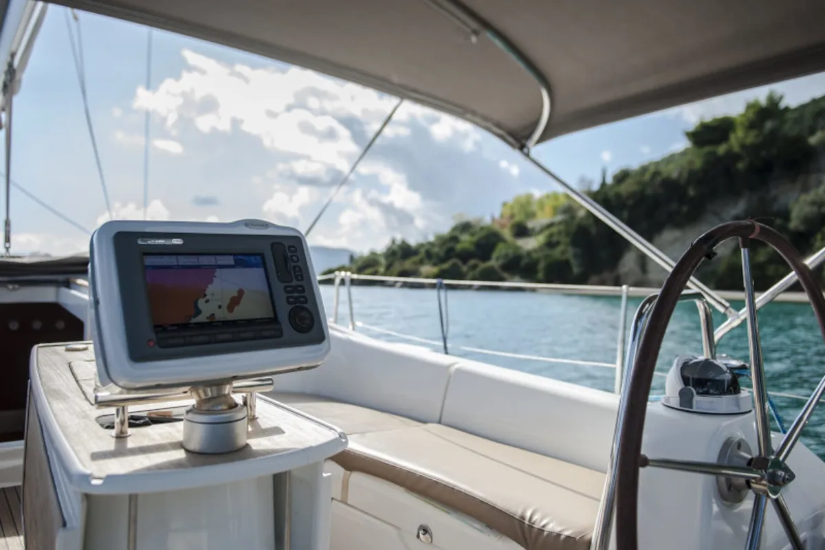 Cockpit of OASIS - | Bowthruster | Solar P , a Beneteau Oceanis 43 sailboat at Municipal Unit of Lefkada, Greece
