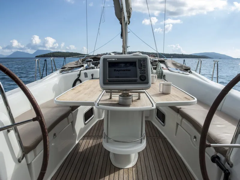 Cockpit of OASIS - | Bowthruster | Solar P , a Beneteau Oceanis 43 sailboat at Municipal Unit of Lefkada, Greece