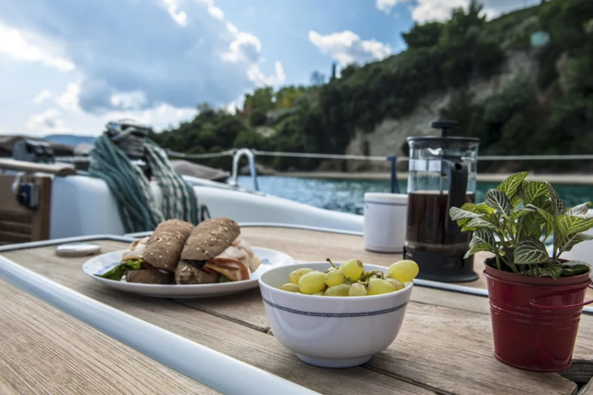 Deck of OASIS - | Bowthruster | Solar P , a Beneteau Oceanis 43 sailboat at Municipal Unit of Lefkada, Greece