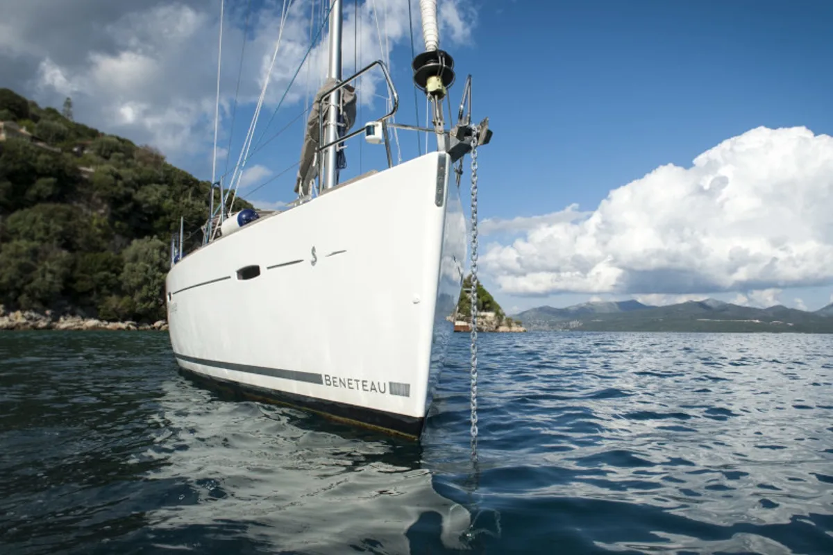 Exterior view of OASIS - | Bowthruster | Solar P , a Beneteau Oceanis 43 sailboat at Municipal Unit of Lefkada, Greece