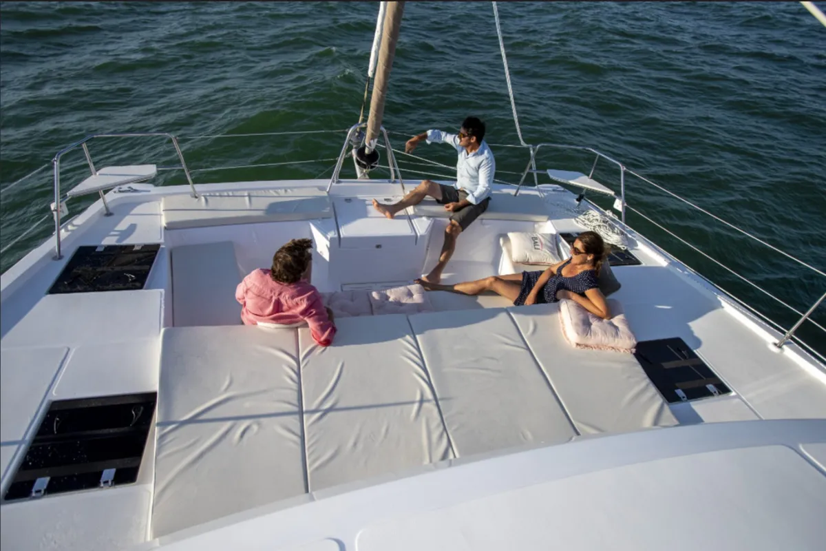 Exterior view of La Boheme, a Bali Catspace catamaran at Sant Antoni de Portmany, Spain