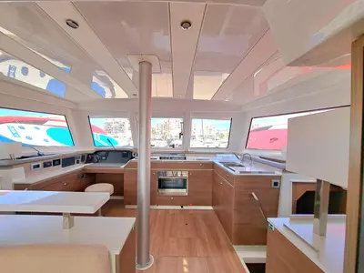 Salon of La Boheme, a Bali Catspace catamaran at Sant Antoni de Portmany, Spain