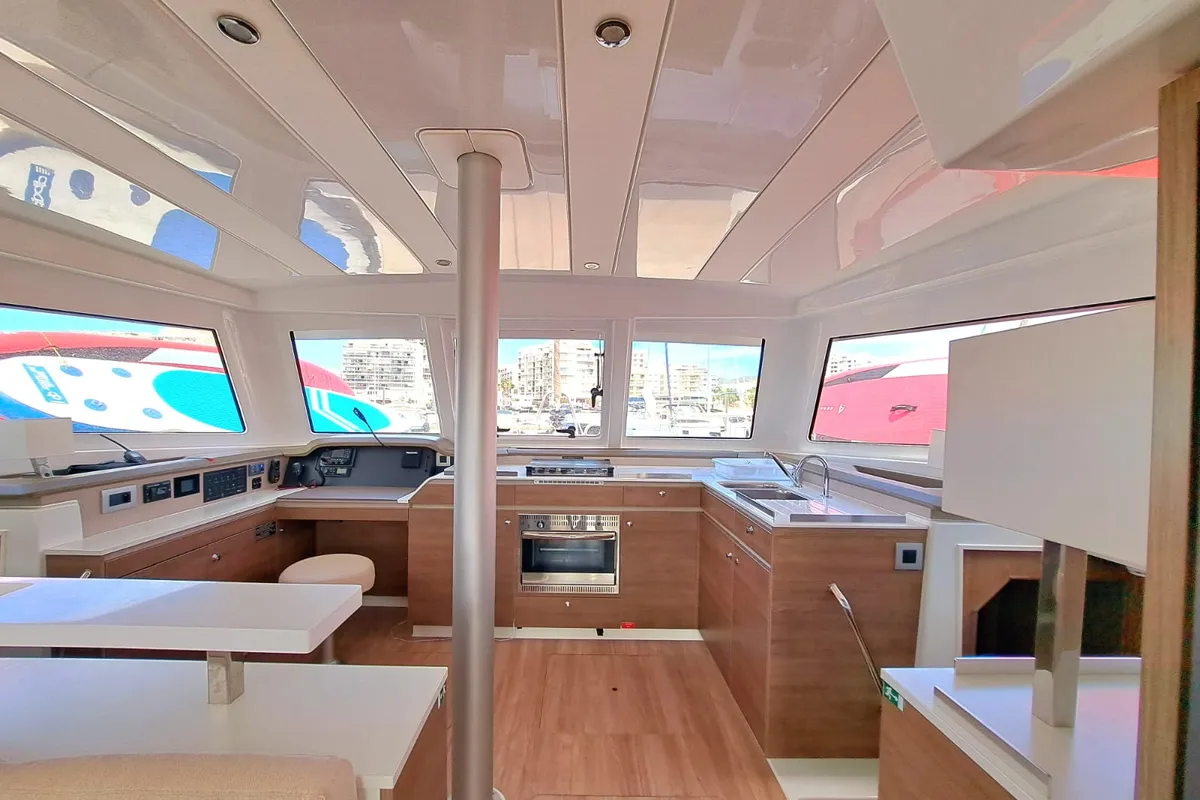 Salon of La Boheme, a Bali Catspace catamaran at Sant Antoni de Portmany, Spain