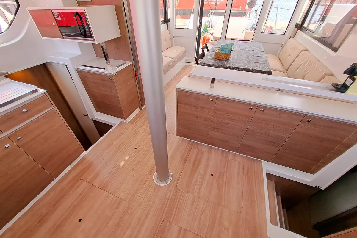 Salon of La Boheme, a Bali Catspace catamaran at Sant Antoni de Portmany, Spain