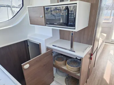 Galley of La Boheme, a Bali Catspace catamaran at Sant Antoni de Portmany, Spain