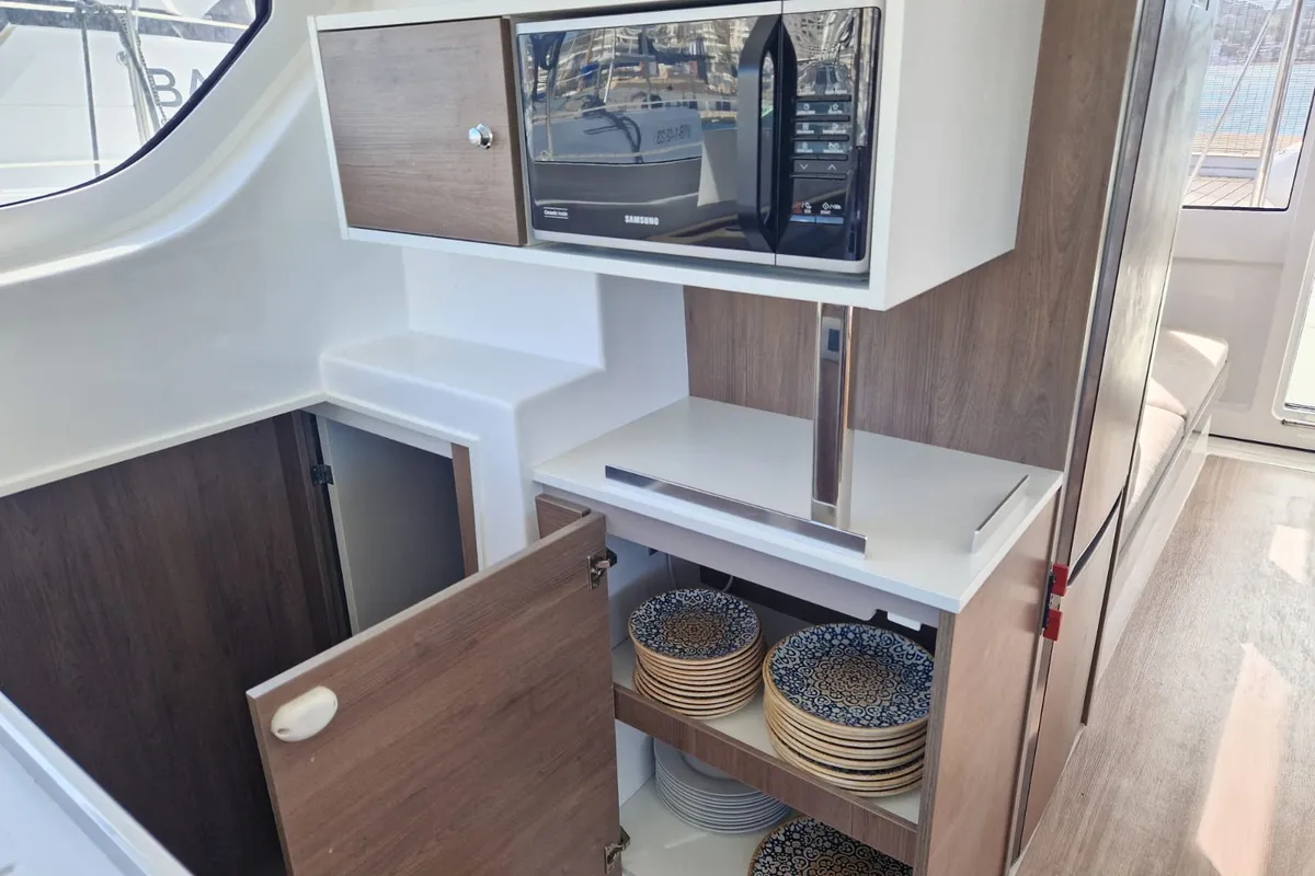 Galley of La Boheme, a Bali Catspace catamaran at Sant Antoni de Portmany, Spain