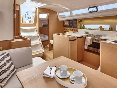 Salon of Sunsail 44 So Classic, a Jeanneau Sun Odyssey 440 sailboat at Cannigione, Italy