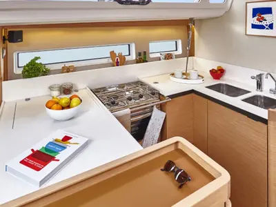 Galley of Sunsail 44 So Classic, a Jeanneau Sun Odyssey 440 sailboat at Cannigione, Italy