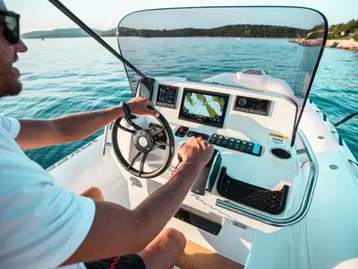 Cockpit of Joker Boat Clubman 22 Plus, a Joker Boat Clubman 22 Plus RIB at Općina Sukošan, Croatia