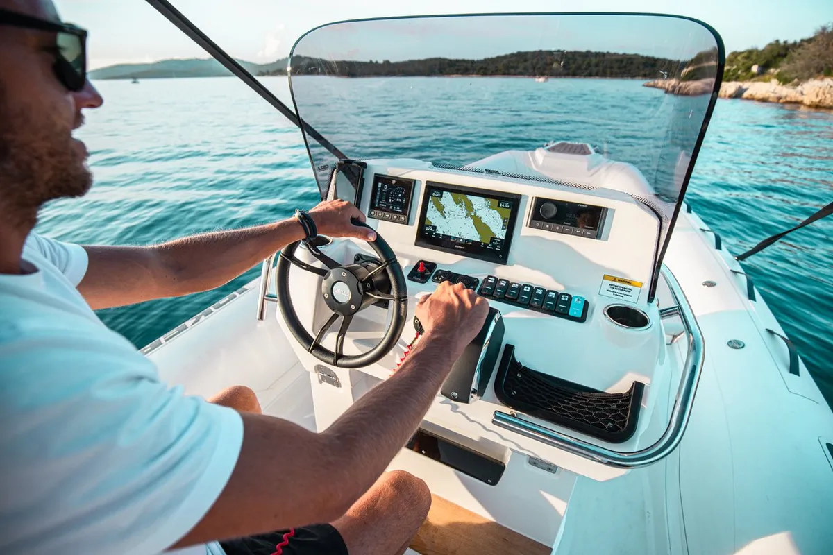 Cockpit of Joker Boat Clubman 22 Plus, a Joker Boat Clubman 22 Plus RIB at Općina Sukošan, Croatia