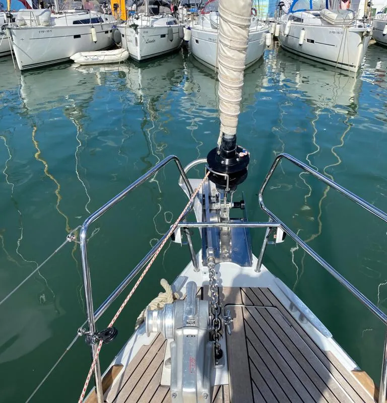 Deck of Alboran Pacharan (Cabo Verde), a Jeanneau Sun Odyssey 519 sailboat at Murdeira, Cape Verde