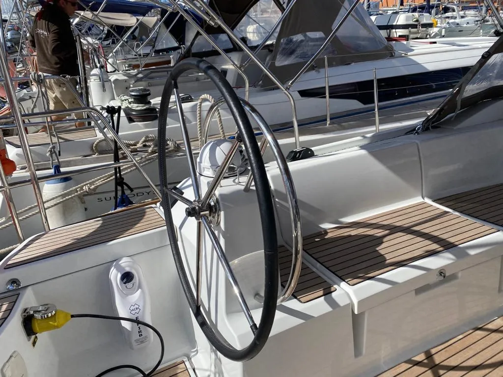 Cockpit of Alboran Pacharan (Cabo Verde), a Jeanneau Sun Odyssey 519 sailboat at Murdeira, Cape Verde
