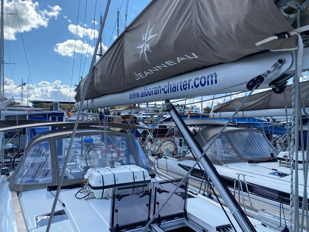 Deck of Alboran Pacharan (Cabo Verde), a Jeanneau Sun Odyssey 519 sailboat at Murdeira, Cape Verde