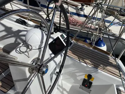 Cockpit of Alboran Pacharan (Cabo Verde), a Jeanneau Sun Odyssey 519 sailboat at Murdeira, Cape Verde