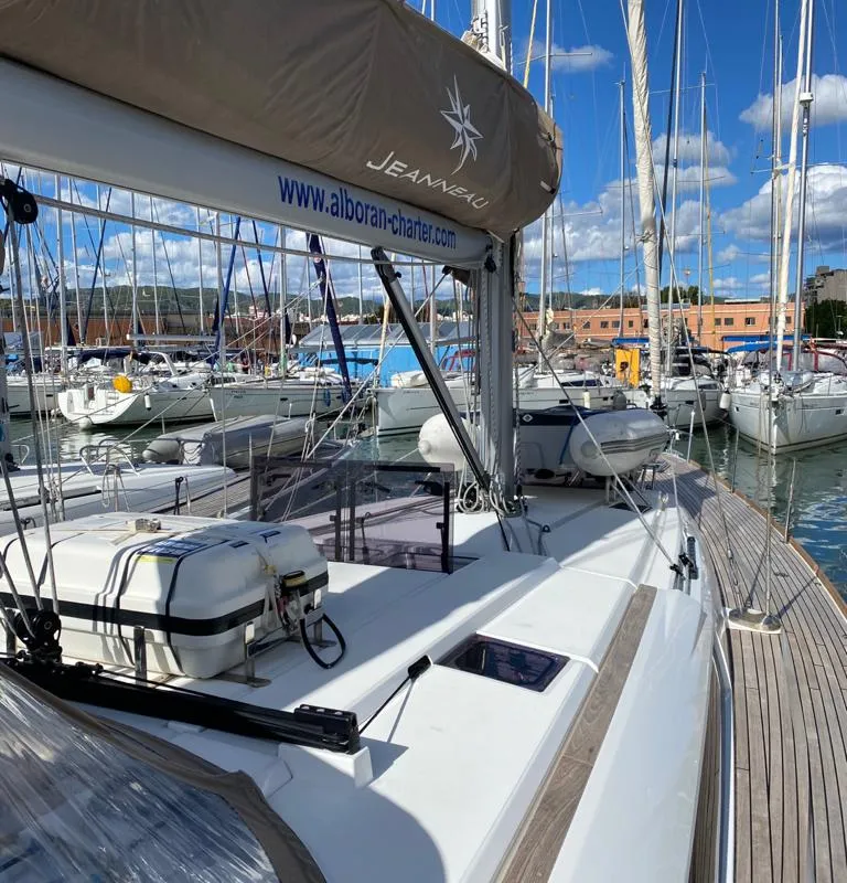 Deck of Alboran Pacharan (Cabo Verde), a Jeanneau Sun Odyssey 519 sailboat at Murdeira, Cape Verde