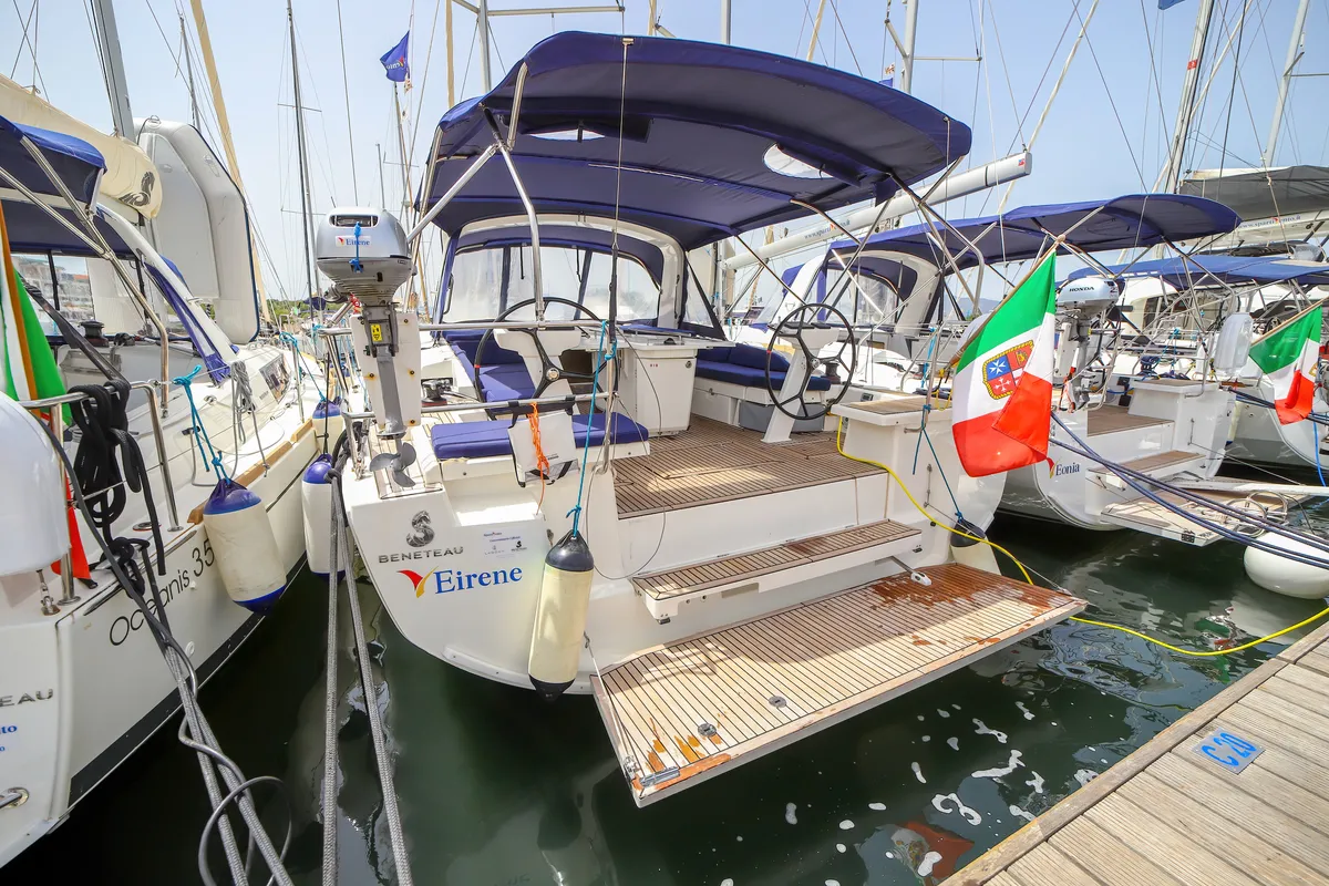 Exterior view of Eirene, a Beneteau Oceanis 46.1 sailboat at Olbia, Italy