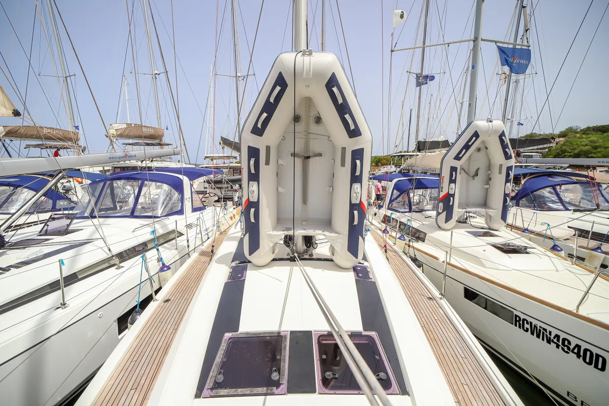 Deck of Eirene, a Beneteau Oceanis 46.1 sailboat at Olbia, Italy