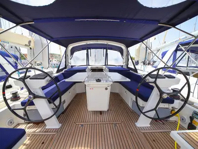 Cockpit of Eirene, a Beneteau Oceanis 46.1 sailboat at Olbia, Italy