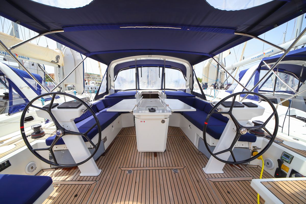 Cockpit of Eirene, a Beneteau Oceanis 46.1 sailboat at Olbia, Italy