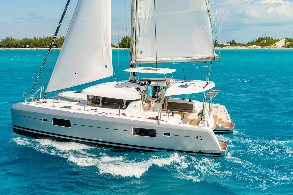 Exterior view of Avadele, a Lagoon 42 catamaran at Hyères, France
