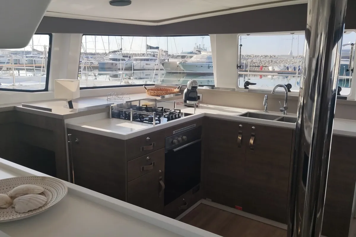 Galley of Arche, a Bali 4.4 catamaran at Salerno, Italy