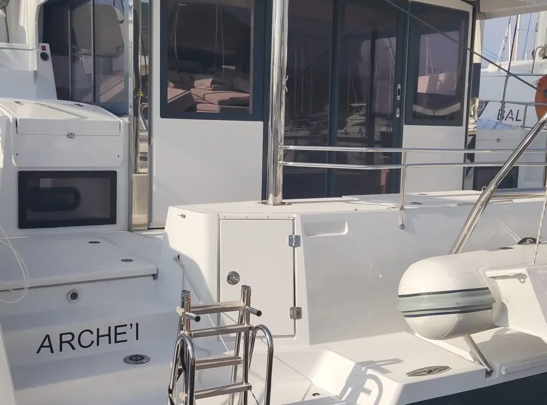 Deck of Arche, a Bali 4.4 catamaran at Salerno, Italy